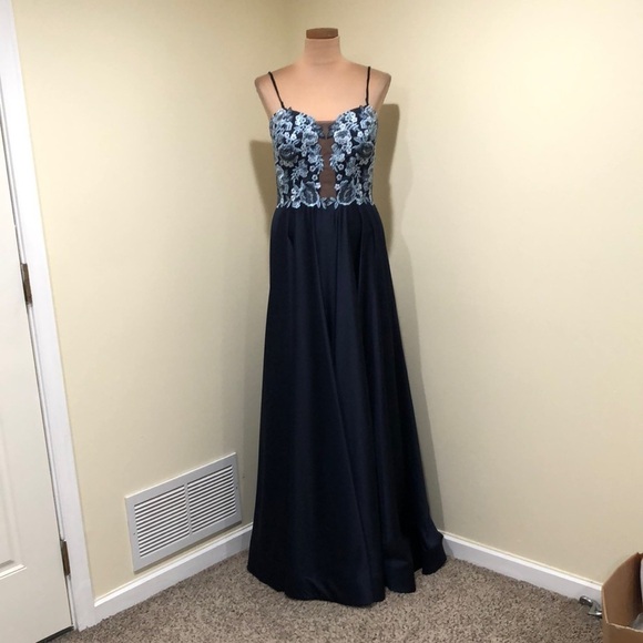 NWT La Femme Gown Size 14 Style 23881 Navy Blue Floral Cutout Maxi Dress - Picture 2 of 10